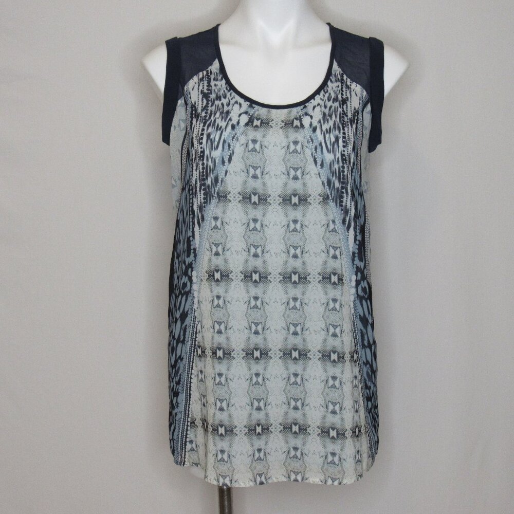 CAbi Mixed Print Blue Chiffon Tunic Tank Top Blouse Women's S Small